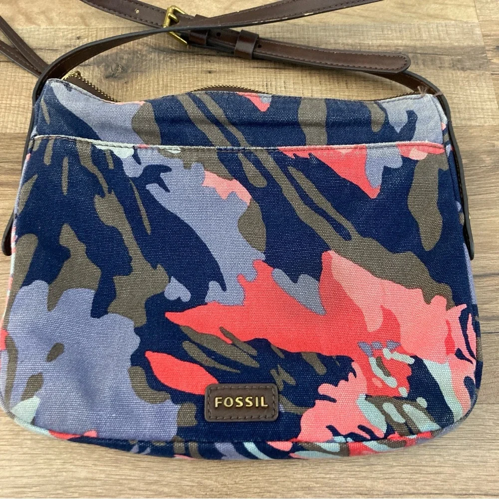 Fossil Jenna Floral Crossbody Canvas Leather Bag Blue Multicolor